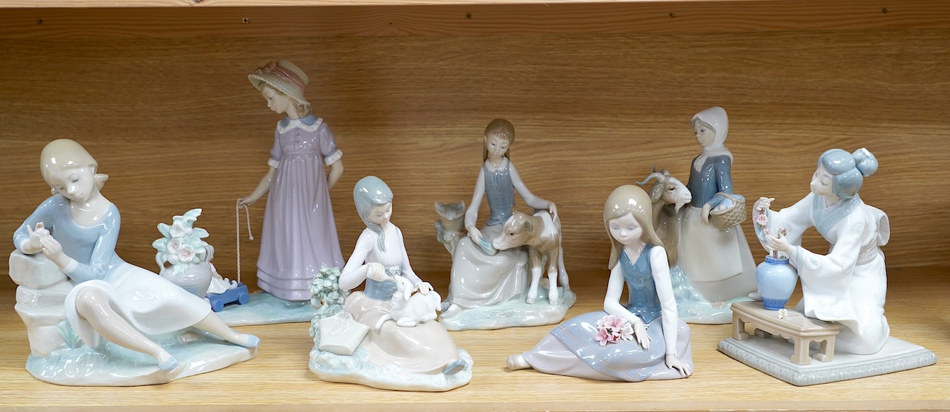 Seven various Lladro figures, original boxes included, tallest 27cm. Condition - fair to good